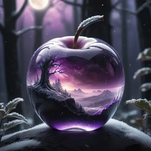 Prompt: epic crystal apple with space glowing inside, planets, satellites, winter forest, clouds, planets, purple, white haze. hyper-detailed glass, soft light, glitter, professional photo, beautiful, 3d, realistic, 8k, hyperrealism. highly detailed digital painting, high resolution, high detail, mystical, backlit, fantasy, dark atmosphere, photorealistic painting, gothic art, realistic, close up, noir, dark colors, 8k, aesthetic