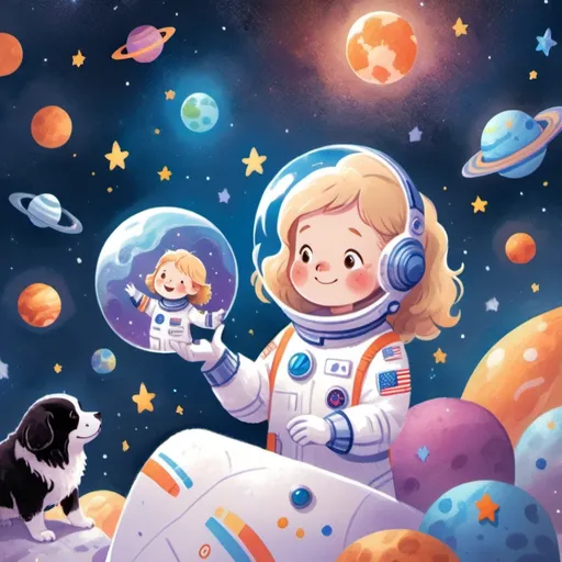 Prompt: "Generate an image of a 12-year-old girl with blond hair, immersed in imaginative play as an astronaut in her bedroom. She wears a makeshift space suit, complete with a helmet and gloves, while her room is transformed into a galactic wonderland. Surround her with floating planets, twinkling stars, and swirling galaxies, creating a mesmerizing celestial backdrop. By her side, a gentle Newfoundland dog, also dressed in a space-themed costume, serves as her loyal space-faring companion. Capture the awe and wonder in the girl's eyes as she embarks on her cosmic adventure with her furry friend by her side."











