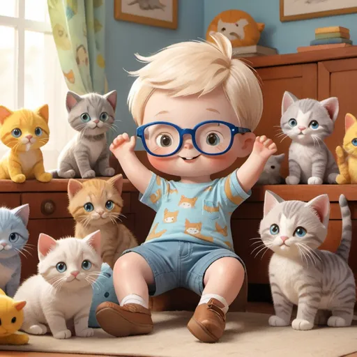 Prompt: "Generate a cartoon image of a 7-year-old boy wearing blue-framed glasses and sporting a blond buzz-cut hairstyle. He is dressed in shorts, surrounded by playful kittens in various poses, from frolicking to napping. Set the scene in a cozy room filled with kitten-themed decor, such as plush toys and posters. Capture the innocence and joy on the boy's face as he interacts with his feline friends, creating a heartwarming and charming scene."





