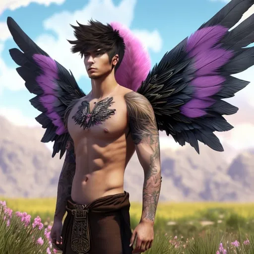 Prompt: A fullbody photorealistic scene landscape {{walking on dirt path, grassy fields on either side of dirt path}}, rendering of a young adult caucasian man barefoot, {fuffy fringe blonde hair}, {shaven face}, (({{big partly opened pink gray black feathers angel wings}})) {{{((intricate spacious chest 2D butterfly decal embroidery 256-color scheme ink tattoo, high quality, photorealism, detailed ink, centered on chest))}}}, {gay inspired chest tattoo}, facing viewer, wearing slik loincloth, {walking on dirt path, grassy fields on either side of dirt path}, sunny