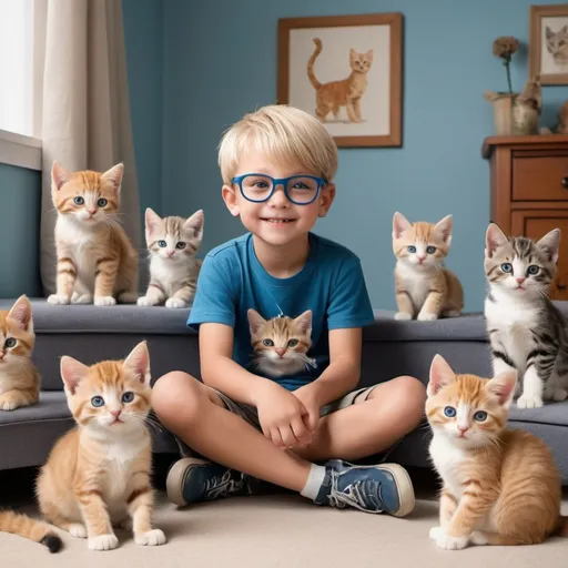Prompt: "Generate an image of a 7-year-old boy wearing blue-framed glasses and sporting a blond buzz cut hairstyle. He is dressed in shorts, surrounded by playful kittens in various poses, from frolicking to napping. Set the scene in a cozy room filled with kitten-themed decor, such as plush toys and posters. Capture the innocence and joy on the boy's face as he interacts with his feline friends, creating a heartwarming and charming scene."





