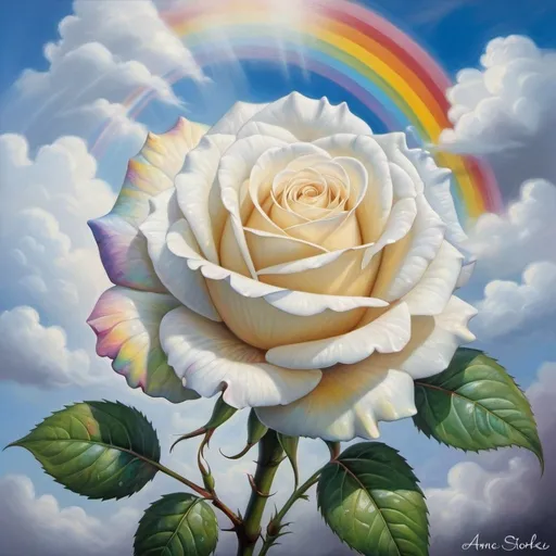 Prompt: a painting of a white rose with a rainbow background and a blue sky background with clouds and a rainbow, Anne Stokes, fantasy art, roses, a detailed painting