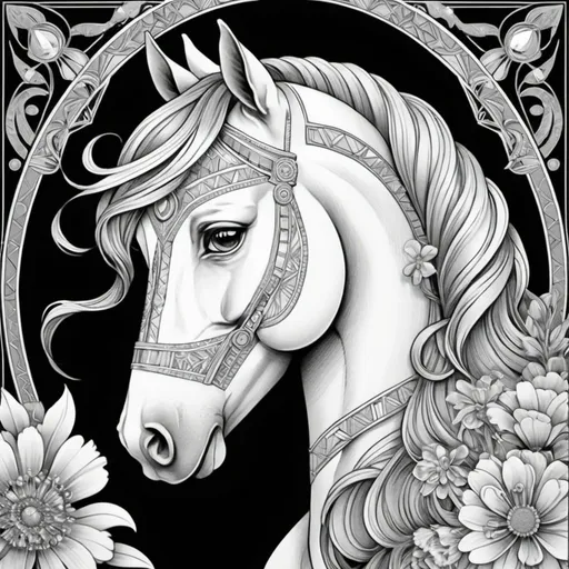 Prompt:  A horse head takes center stage in this coloring book page, surrounded by intricate patterns and geometric shapes inspired by art-deco style. Delicate flowers intertwine with bold, psychedelic patterns, framing the elegant and mysterious gaze of the portrait. The combination of the female figure and the vibrant, art-deco elements creates a captivating and sophisticated scene.n head takes center stage in this coloring book page, surrounded by intricate patterns and geometric shapes inspired by art-deco style. Delicate flowers intertwine with bold, psychedelic patterns, framing the elegant and mysterious gaze of the portrait. The combination of the female figure and the vibrant, art-deco elements creates a captivating and sophisticated scene.