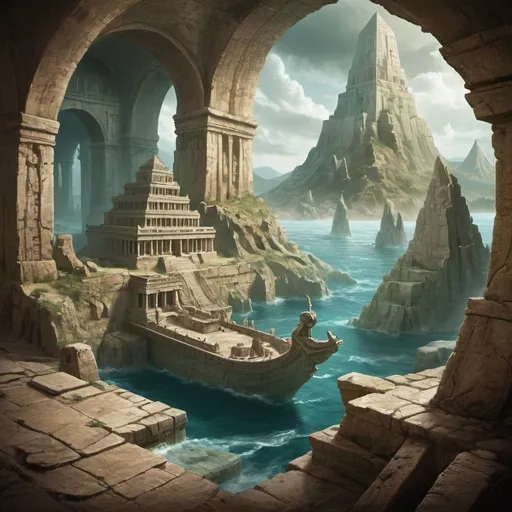 Prompt: Craft an image depicting ancient, forgotten realms that time has erased. Imagine lost cities, hidden temples, or civilizations vanished beneath sea or sand.

