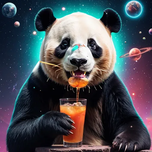 Prompt: a panda bear with a drink in its mouth and a space background with stars and planets in the sky, Beeple, aestheticism, cosmic, digital art