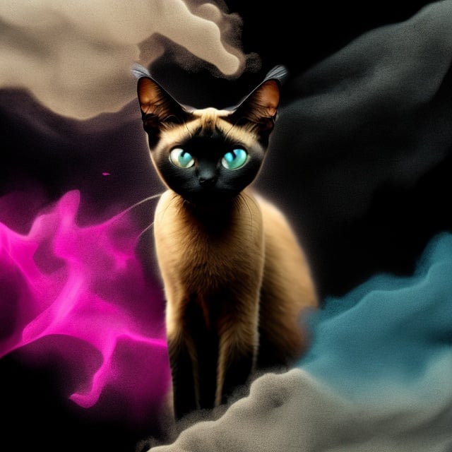 Prompt: Siamese cat made from Abstract Smoke and sparks Texture black background