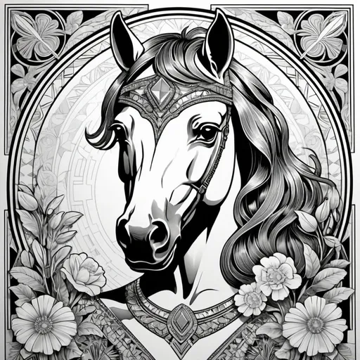 Prompt:  A horse head takes center stage in this coloring book page, surrounded by intricate patterns and geometric shapes inspired by art-deco style. Delicate flowers intertwine with bold, psychedelic patterns, framing the elegant and mysterious gaze of the portrait. The combination of the female figure and the vibrant, art-deco elements creates a captivating and sophisticated scene.n head takes center stage in this coloring book page, surrounded by intricate patterns and geometric shapes inspired by art-deco style. Delicate flowers intertwine with bold, psychedelic patterns, framing the elegant and mysterious gaze of the portrait. The combination of the female figure and the vibrant, art-deco elements creates a captivating and sophisticated scene.