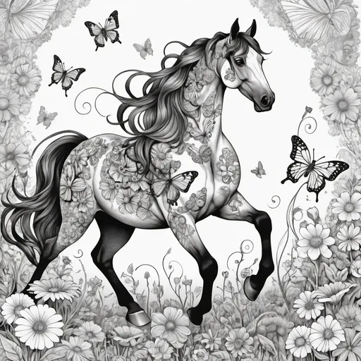 Prompt: Horse amidst oversized flowers of assorted shapes drawn in black marker for a coloring book, intricate patterned butterflies fluttering from one bloom to another, infusing the scene with a magical aura, creating a dreamy, imaginative atmosphere, line-art, awaiting color infusion, monochrome, whimsical, high-contrast, butterfly wings detailed, floral abundance, digital drawing.