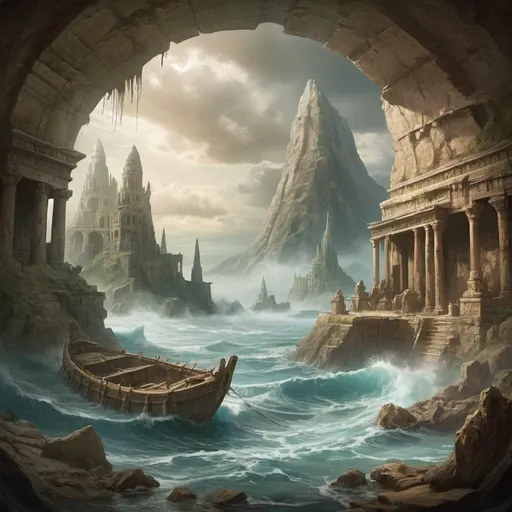 Prompt: Craft an image depicting ancient, forgotten realms that time has erased. Imagine lost cities, hidden temples, or civilizations vanished beneath sea or sand.
