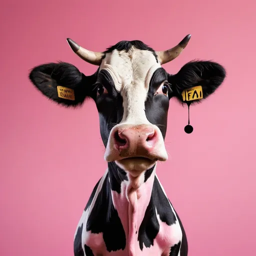 Prompt: a cow sitting in the middle of a pink and black background with a black spot on it's face, Fanny McIan, pop surrealism, cute and funny, a screenshot