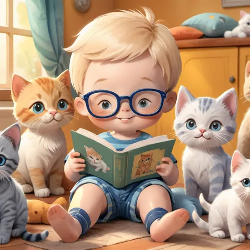 Prompt: "Generate a cartoon image of a 7-year-old boy wearing blue-framed glasses and sporting a blond buzz-cut hairstyle. He is dressed in shorts, surrounded by playful kittens in various poses, from frolicking to napping. Set the scene in a cozy room filled with kitten-themed decor, such as plush toys and posters. Capture the innocence and joy on the boy's face as he interacts with his feline friends, creating a heartwarming and charming scene."





