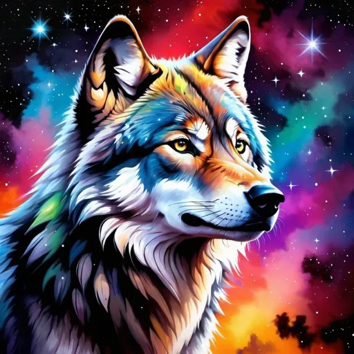 Prompt: a wolf with a colorful background and stars in the sky, with a colorful background and stars in the sky, Caspar Wolf, space art, much wow, an airbrush painting