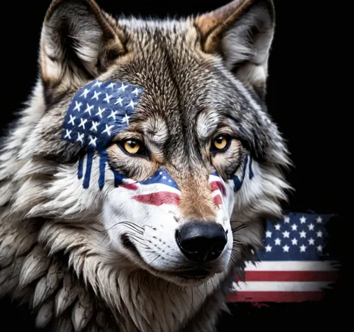 Prompt: a wolf with an american flag on it's face and a black background with stars and stripes on it