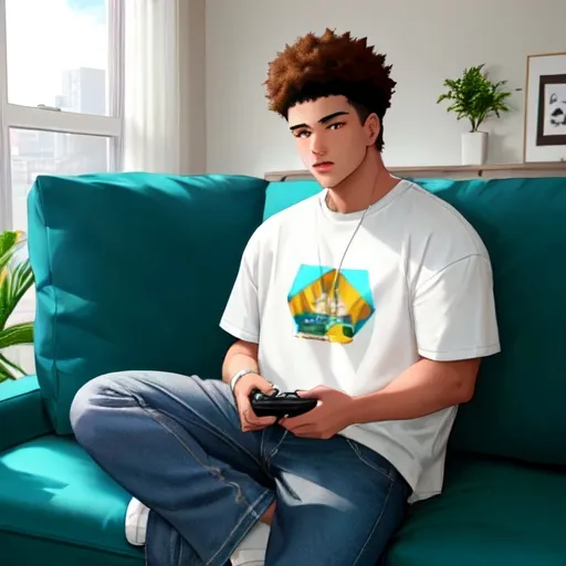 Prompt: Capture the essence of a 16-year-old gamer boy, his mixed-race heritage evident in his features, sporting a small Afro and a space short beard. Despite his towering 6-foot frame, he's hunched over on a couch clearly too small for him, the cushions barely accommodating his size. His intense focus on the tiny handheld video game screen, juxtaposed with his oversized presence on the couch, highlights the comical struggle of fitting into a world not designed for him. Perhaps add a detail of his feet dangling off the edge of the couch, emphasizing his awkward position, while his concentration remains unbroken, lost in the miniature virtual world.















