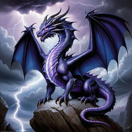 Prompt: a dragon with a purple tail and blue wings on a rock in the sky with lightning behind it and a dark cloud, Anne Stokes, fantasy art, dragon art, a detailed painting