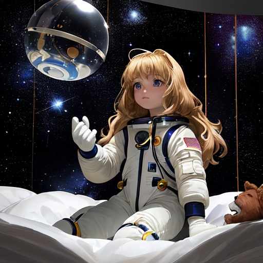 Prompt: "Generate an image of a 12-year-old girl with blond hair, immersed in imaginative play as an astronaut in her bedroom. She wears a makeshift space suit, complete with a helmet and gloves, while her room is transformed into a galactic wonderland. Surround her with floating planets, twinkling stars, and swirling galaxies, creating a mesmerizing celestial backdrop. By her side, a gentle Newfoundland dog, also dressed in a space-themed costume, serves as her loyal space-faring companion. Capture the awe and wonder in the girl's eyes as she embarks on her cosmic adventure with her furry friend by her side."










