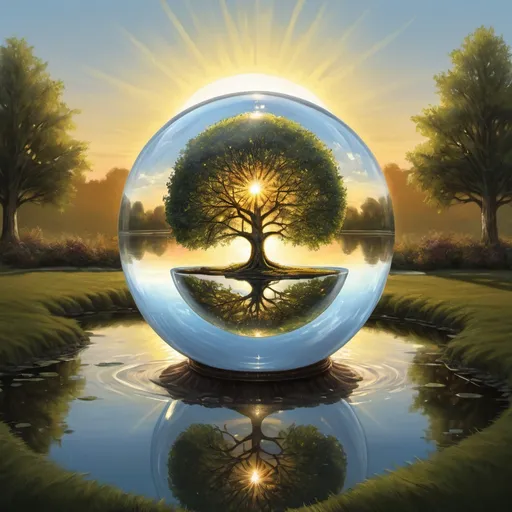 Prompt: a painting of a tree in a glass ball with a reflection of the sun in it and a pond in front of it, David Martin, fantasy art, highly detailed digital painting, a digital rendering