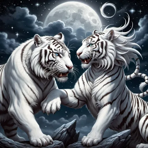 Prompt: a white tiger and a dragon fighting in the night sky with stars in the background, with a full moon in the sky, Anne Stokes, fantasy art, highly detailed digital art, an airbrush painting