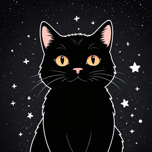 Prompt: Simple drawing of a cat in outer space, cartoon, minimalistic, black cat, galaxy background, twinkling stars, cute, easy to draw, simple lines, playful, minimal details, black cat, space, cartoon style, cute, minimalistic, twinkling stars, galaxy background