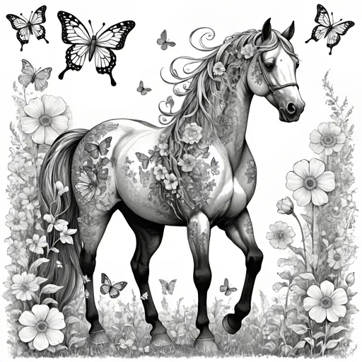 Prompt: black marker line-art, A horse white stands with oversized flowers in various shapes, Butterflies adorned with intricate patterns, bring a touch of magic to the scene as they gracefully flutter from one flower to another. The combination of flowers and butterflies creates a dreamy and imaginative atmosphere.