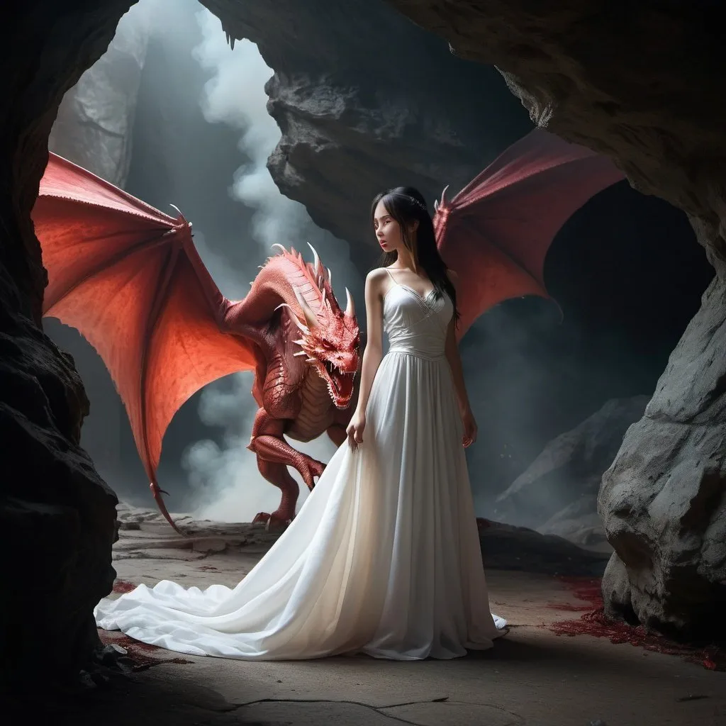 Prompt: Terrifying near mortally wounded red dragon approached princess in long flowing ribbony white dress, you cannot see her feet; bright eyes, smoke, cave background, intricately detailed face, dark fantasy, horror, photorealistic, photorealism, beautiful image, soft light from side, 3 point lighting, backlight, chiaroscuro, perspective, depth, epic scale, cinematic, Miki Asai Macro photography, close-up, hyper detailed, trending on artstation, sharp focus, studio photo, intricate details, highly detailed, by greg rutkowski