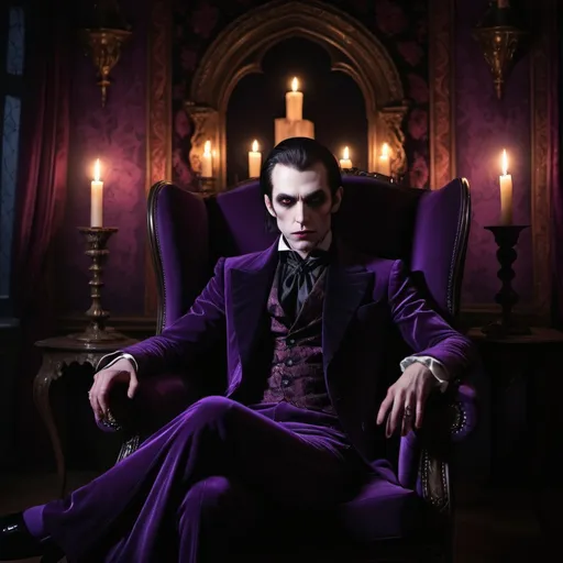 Prompt: an image of a vampire in a candlelit chamber, draped in a purple velvet suit, seated in a black high-back armchair. Surround the room with Gothic tapestries and shadows, with the vampire's enigmatic gaze piercing the darkness. Emphasize the opulent yet haunting atmosphere, with flickering candlelight casting eerie shadows across the scene.