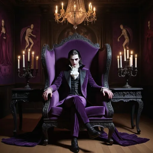 Prompt: Create an image of a vampire, enigmatic and regal, seated in a dimly lit chamber adorned with flickering candles. Cloaked in a luxurious purple velvet suit that seems to absorb the ambient light, the vampire exudes an aura of mystery and elegance. The room is draped in shadows, with ornate tapestries adorning the walls, depicting scenes of ancient battles and forgotten lore. The black high-back armchair upon which the vampire sits is carved with intricate patterns, reminiscent of a forgotten era of Gothic opulence. As the candles cast dancing shadows across the room, the vampire's pale skin glows softly, their eyes gleaming with an otherworldly intensity. In the corner of the chamber, a grand piano stands silent, its ebony keys untouched for centuries, adding to the eerie ambiance of the scene. Capture the essence of timeless darkness and eternal longing in this haunting portrayal of a vampire's solitary vigil.