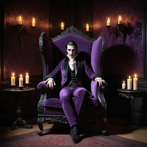 Prompt: Create an image of a vampire, enigmatic and regal, seated in a dimly lit chamber adorned with flickering candles. Cloaked in a luxurious purple velvet suit that seems to absorb the ambient light, the vampire exudes an aura of mystery and elegance. The room is draped in shadows, with ornate tapestries adorning the walls, depicting scenes of ancient battles and forgotten lore. The black high-back armchair upon which the vampire sits is carved with intricate patterns, reminiscent of a forgotten era of Gothic opulence. As the candles cast dancing shadows across the room, the vampire's pale skin glows softly, their eyes gleaming with an otherworldly intensity. In the corner of the chamber, a grand piano stands silent, its ebony keys untouched for centuries, adding to the eerie ambiance of the scene. Capture the essence of timeless darkness and eternal longing in this haunting portrayal of a vampire's solitary vigil.