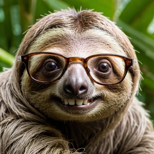 Prompt: A sloth with bunny teeth with little hair and square full frame spectacles