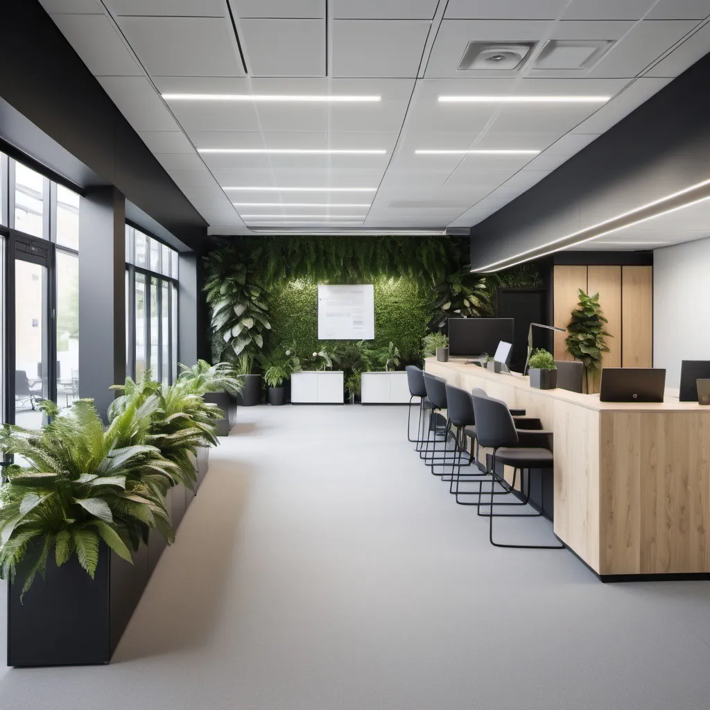 Prompt: a modern office fit out with a reception, open space and outdoor greenery space