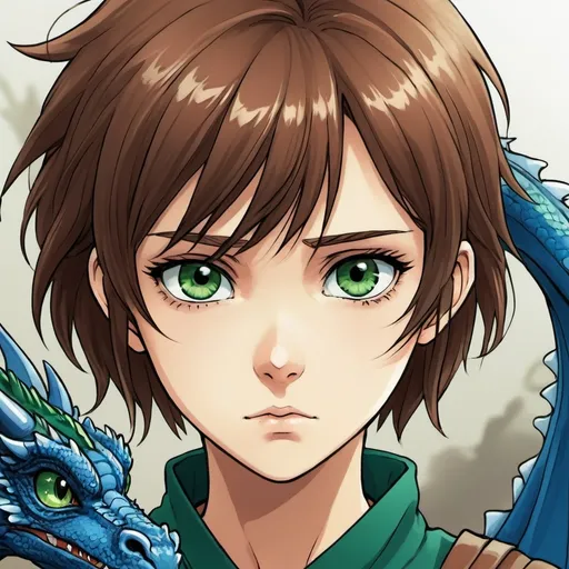 Prompt: Manga style image, a girld with short brown hair and green eyes look sad but proud, a blue dragon on the background