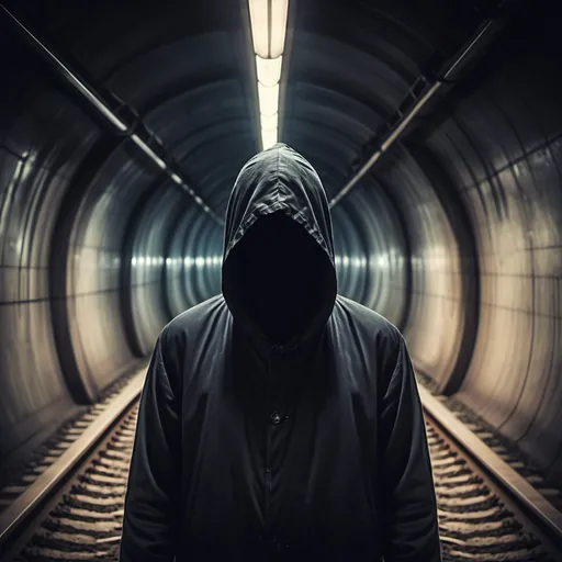 Prompt: mystery full of secrets
man, train in the tunnel no face and night