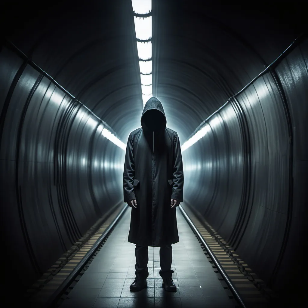 Prompt: mystery full of secrets
man, train in the tunnel no face and night