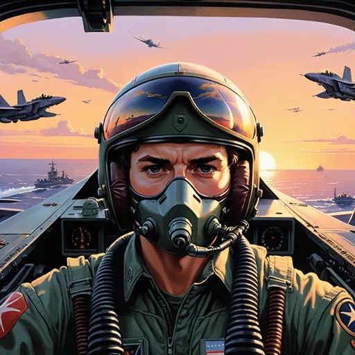 Prompt: 1990s anime theme (fighter pilot in cockpit), (helmet on), (aircraft carrier setting), (helmet visor down), top gun movie theme, sunset,  ultra-detailed, high quality, cinematic atmosphere, top caption that reads “Need for Subro”