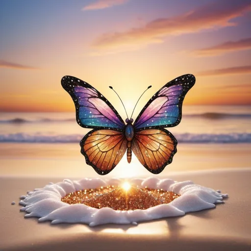 Prompt: can you produce a realistic picture of a glitter beautiful butterfly rising after being born up in front of a beautiful sunrise by the beach