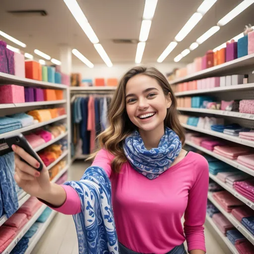 Prompt: Radiating warmth and positivity, a young woman captures a selfie with a bright smile, dressed in a vibrant pink top that complements her cheerful demeanor. She drapes a blue and white patterned scarf around her neck, adding an elegant touch to her casual look. Behind her, the busy shelves of a store are partially visible, stocked with various goods that hint at a lively, everyday environment. The floral-patterned backdrop creates a homey atmosphere, enhanced by the soft natural lighting that highlights her features, suggesting a moment of joy amid a bustling daily routine. The overall mood is inviting and spirited, showcasing both the subject's personality and the vibrancy of her surroundings.