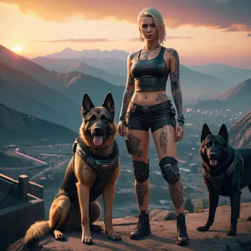 Prompt: Cyberpunk 2077, sunset photo of a 165cm tall girl with full-body tattoos, blonde, standing next to a one black German shepherd dog on a mountain course, high-res detailed, cyberpunk, sunset lighting, futuristic vibe, tattooed girl, black German shepherd, urban landscape, dystopian, detailed features, atmospheric lighting, cyberpunk character