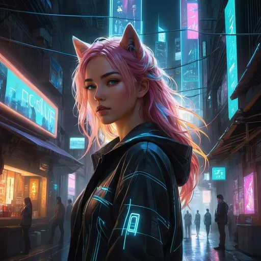 Prompt: Fantasy Creature Prompt: Illustrate a mythical creature that guards an ancient temple in the jungle, half-animal, half-plant.cyberpunk manga girl with neon pastel long hair, and a futuristic outfit. with black shepherd dog. She stands full-length 165 centimeters tall with black shepherd dog in a dark alley in the city, lit by neon lights and advertising holograms. The atmosphere is full of mystery and adventure, reflecting a world where technology and humanity intersect in complex ways. The style should be dynamic and rich in detail, capturing the essence of the cyberpunk genre ,wore, face
illustration by Marc Simonetti Carne Griffiths, Conrad Roset, 3D anime girl, Full HD render + immense detail + dramatic lighting + well lit + fine | ultra - detailed realism, full body art, lighting, high - quality, engraved, ((photorealistic)), ((hyperrealistic)), ((perfect eyes)), ((perfect skin)), ((perfect hair)), ((perfect shadow)), ((perfect light)) 800k UHD 100mm. 4D. 300k, 50mm, f/1.4, sharp focus, reflections, high-quality background , UHD, sharp focus, reflections, high-quality background illustration by Marc Simonetti Carne Griffiths, Conrad Roset, 3D anime girl, Full HD render + immense detail + dramatic lighting + well lit + fine | ultra - detailed realism, full body art, lighting, high - quality, engraved, ((photorealistic)), ((hyperrealistic)), ((perfect eyes)), ((perfect skin)), ((perfect hair)), ((perfect shadow)), ((perfect light))