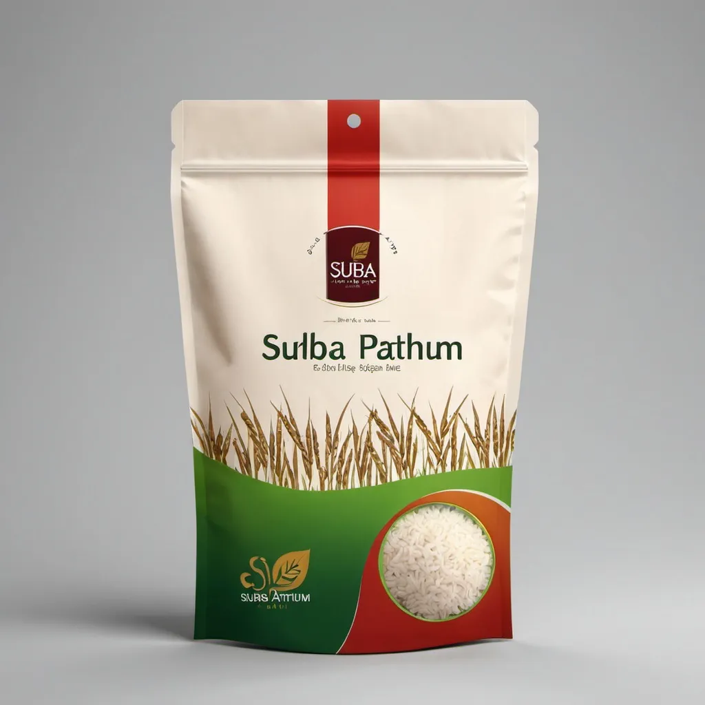 Prompt: Design me a simple and sleek bag design for Suba Pathum Rice