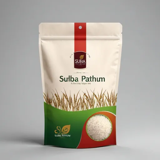 Prompt: Design me a simple and sleek bag design for Suba Pathum Rice