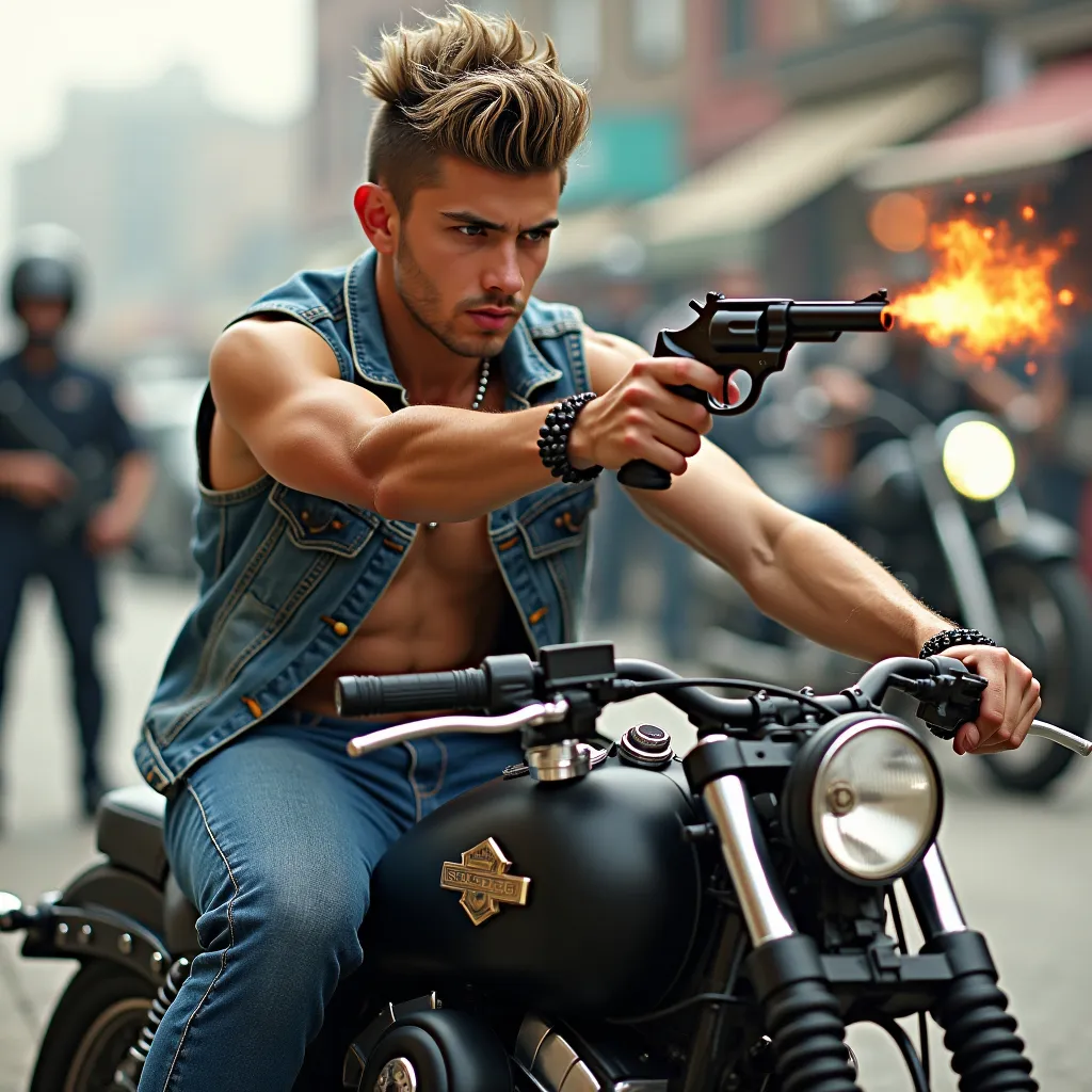 Prompt: 20-year old young man, sideburns, brown Pompadour haircut with silver streaks, wearing a spiked denim vest, jeans, black motorcycle boots, firing a revolver at police, riding a black motorcycle, action shot