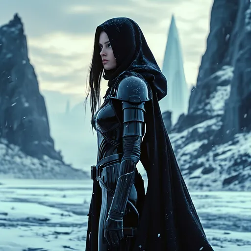 Prompt: (Sith), (extraterrestrial woman), (black futuristic armor), on a rugged battlefield, icy world backdrop, gleaming snow and sharp ice formations, dramatic lighting with a cold blue and silver palette, dynamic pose conveying strength and grace, subtle details in the armor reflecting a high-tech design, ultra-detailed, high-quality, cinematic atmosphere, evoking feelings of awe and wonder.