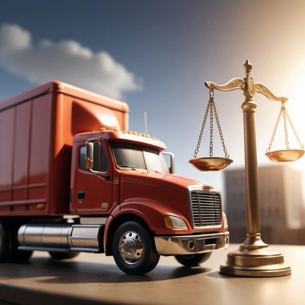 Prompt: articulated truck beside scales of justice, (symbolic representation), justice and industry themes combined, balanced perspective, contrasting elements, (highly detailed), dramatic lighting casting long shadows, background with a soft-focus legal setting, warm tones enhancing depth, delivering a powerful visual statement about fairness in transportation, (4K ultra-detailed).