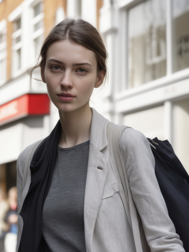 Prompt: Tall young woman walking down the high street, detailed clothing, realistic, natural lighting