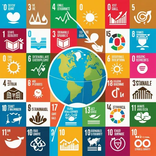 Prompt: A vibrant, illustrated scene depicting the 17 Sustainable Development Goals. Style: Flat vector illustration. Camera: Wide-angle. Lens: -. Post-processing: Vibrant colors, clean lines.