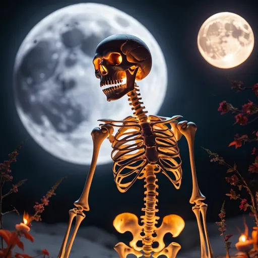 Prompt: skeleton back fire in the moon light