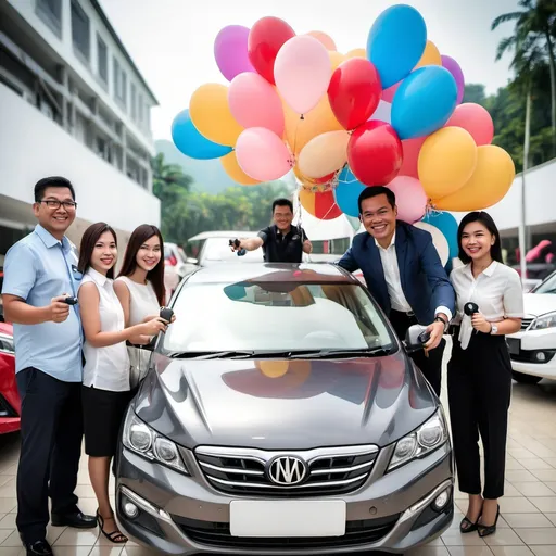 Prompt: "happy family and female car agent at a new car handover event in Malaysia, hand over new car key, wide angle, showing more of the car, balloons, happy atmosphere"