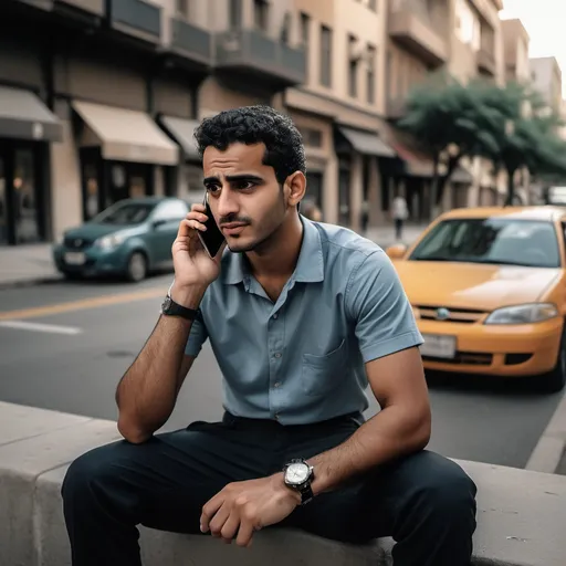 Prompt: a man sitting on a curb talking on a cell phone while holding a cell phone to his ear and a watch, Fathi Hassan, aestheticism, ultra wide angle, a picture