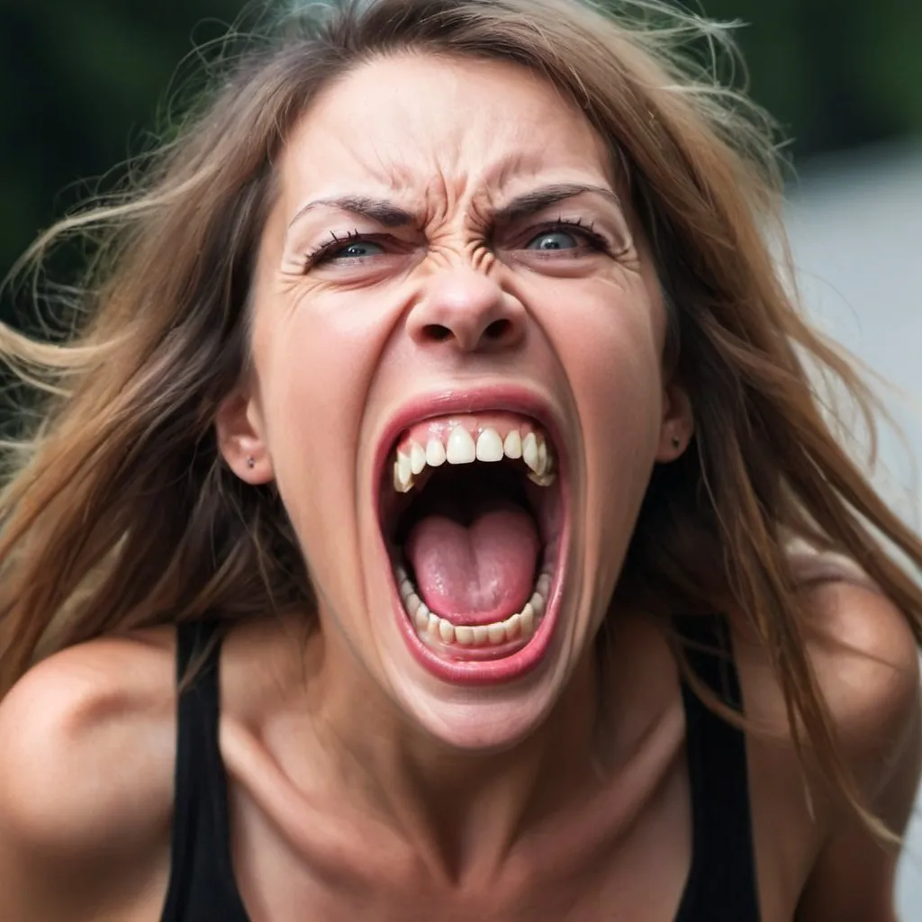 Prompt: screaming crazy lady with long teeth


