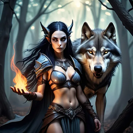 Prompt: Female Dark Elf Druid with (blueish-gray skin), (dark hair), (severe sleep deprivation), wearing (leather armor)(not revealing skin or female attributes), alongside a (fire spirit) and a (wolf), enchanting forest background, ethereal atmosphere, soft glowing light illuminating the scene, mystical details, emotional allure, high detail, dramatic shadows, captivating ambiance, (fantasy) setting, intricate nature elements, enchanting and haunting mood, ultra-detailed, 4K.